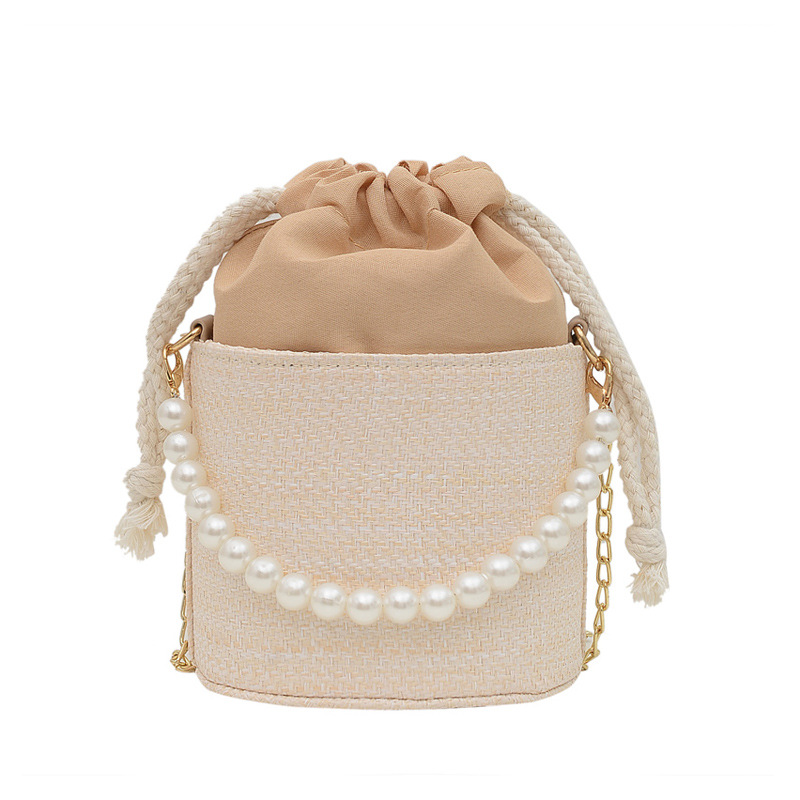 Blue Cool Women's Summer 2021 New Fashion Shoulder Messenger Bag Pearl Chain Portable Korean Straw Plaited Bucket Bag