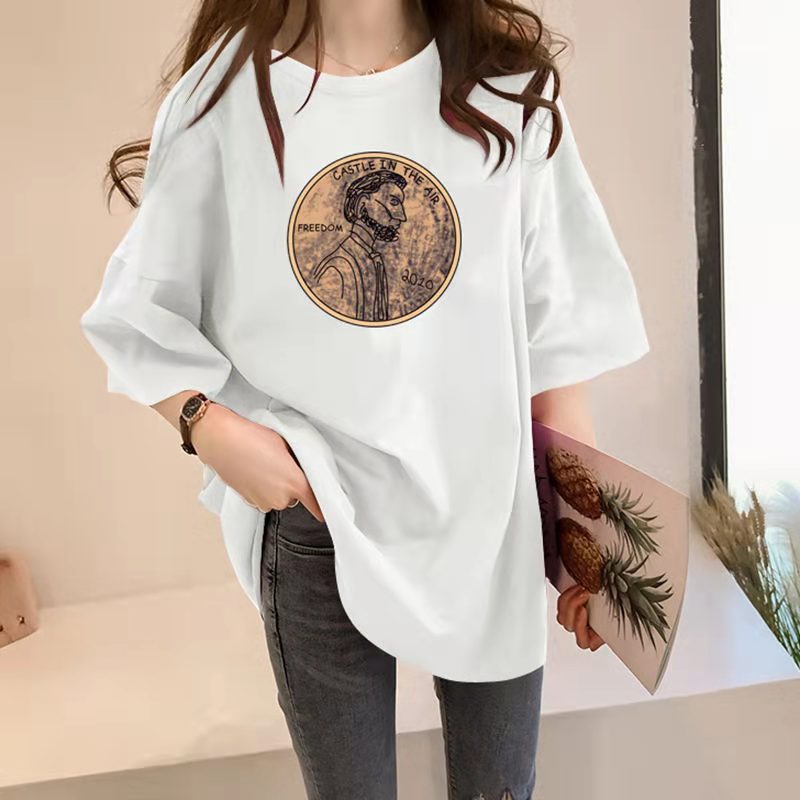 Cartoon Men's round Neck Short Sleeve Women's T-shirt Summer Solid Color Loose-Fitting Large Size Cotton T-shirt Black and White Sweat-Absorbent Breathable Wholesale Fashion