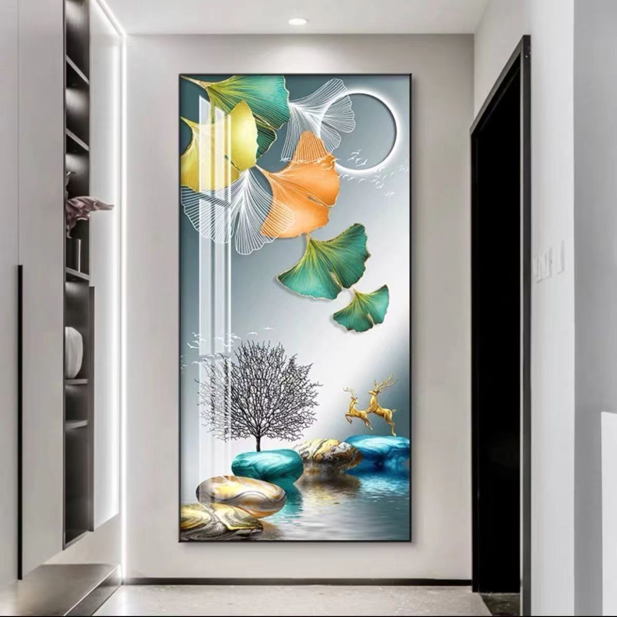 新中式入户玄关晶瓷立体装饰画楼梯过道走廊挂画寓意好带框正对面