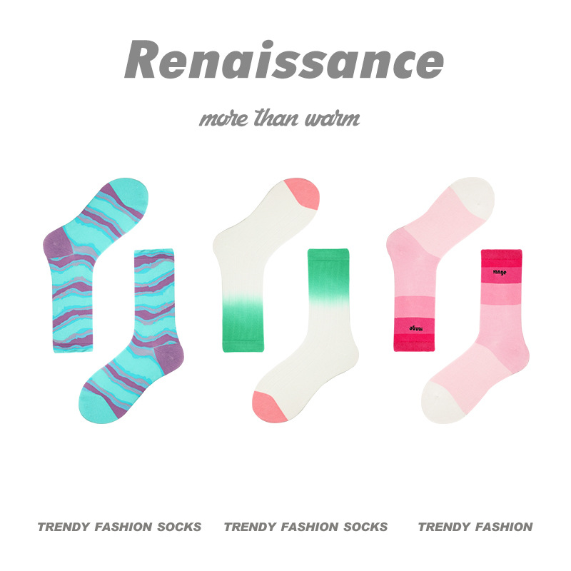 Renaissance European and American Style Spring and Summer New Women's Socks Abstract Creative Box-Packed Gift Socks Cotton Socks Mid-Calf Patterned Stockings