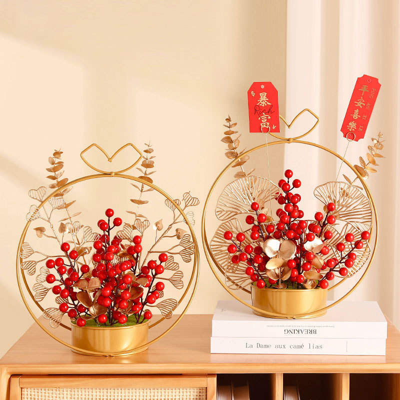 Wholesale New Year Decoration Fortune Fruit Hollyberry Red Berry Wrought Iron Flower Basket Moving into the New House Desktop Emulational Flower Decoration