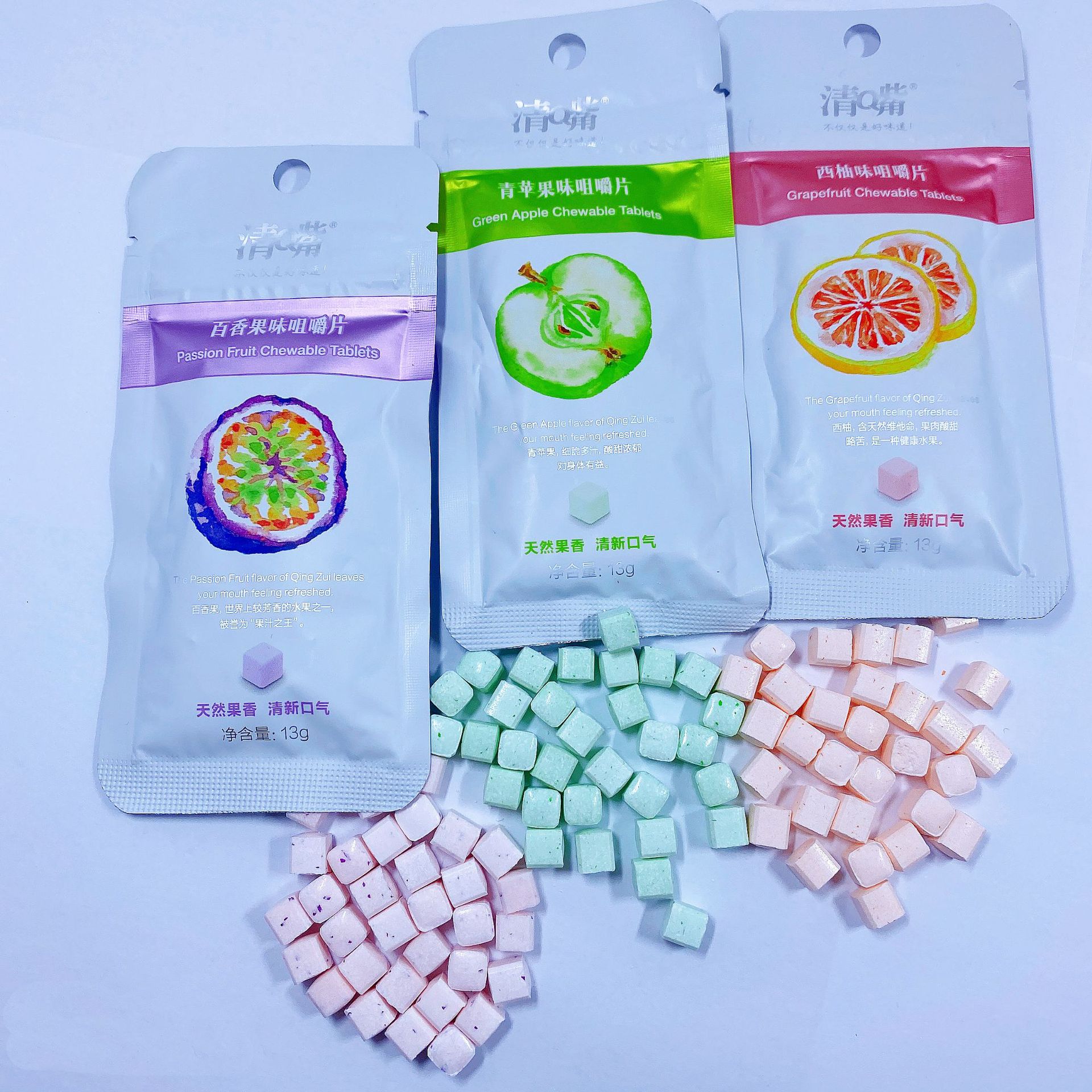 清嘴咀嚼片即食糖果青苹果味百香果味西柚味1盒15袋1袋13克