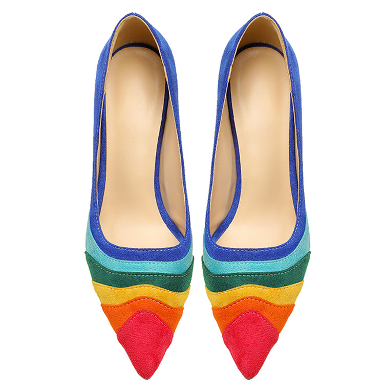 跨境时尚新款彩虹接色浅口粗跟单鞋性感女士时装大码高跟红色婚鞋