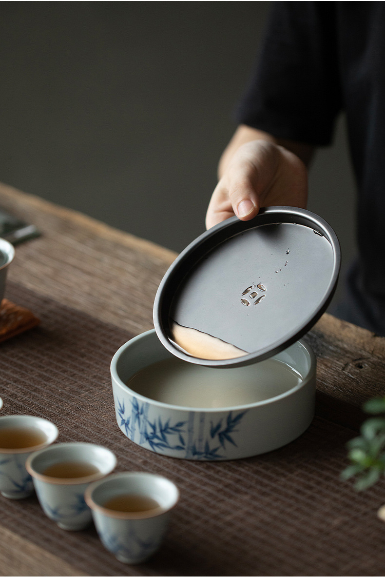 手绘青花竹节壶承紫砂壶养壶盘陶瓷功夫茶具储水小茶托锡盖干泡台