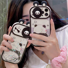 超萌可爱熊猫背影适用iphone14promax苹果15手机壳13推窗流沙11防