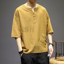 Zl中国风棉麻短袖T恤男宽松中式条纹上衣夏季民族居士茶禅汉服