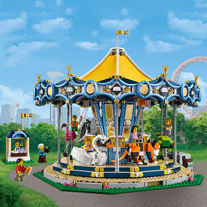 狮牌3323创意儿童游乐园旋转木马80005小颗粒拼装玩具
