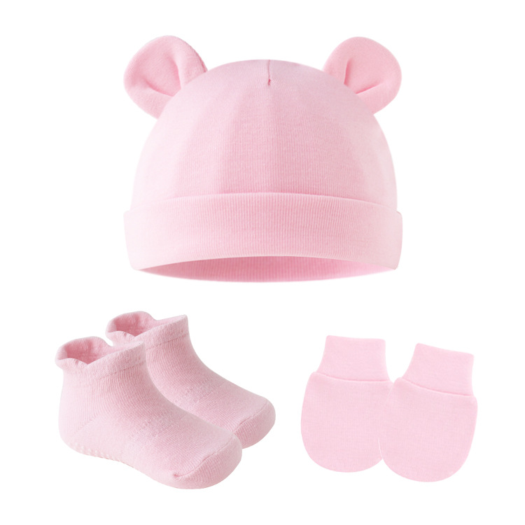 欧美外贸新生儿婴儿胎帽 宝宝小熊帽子尾巴帽袜子防抓手套3件套装