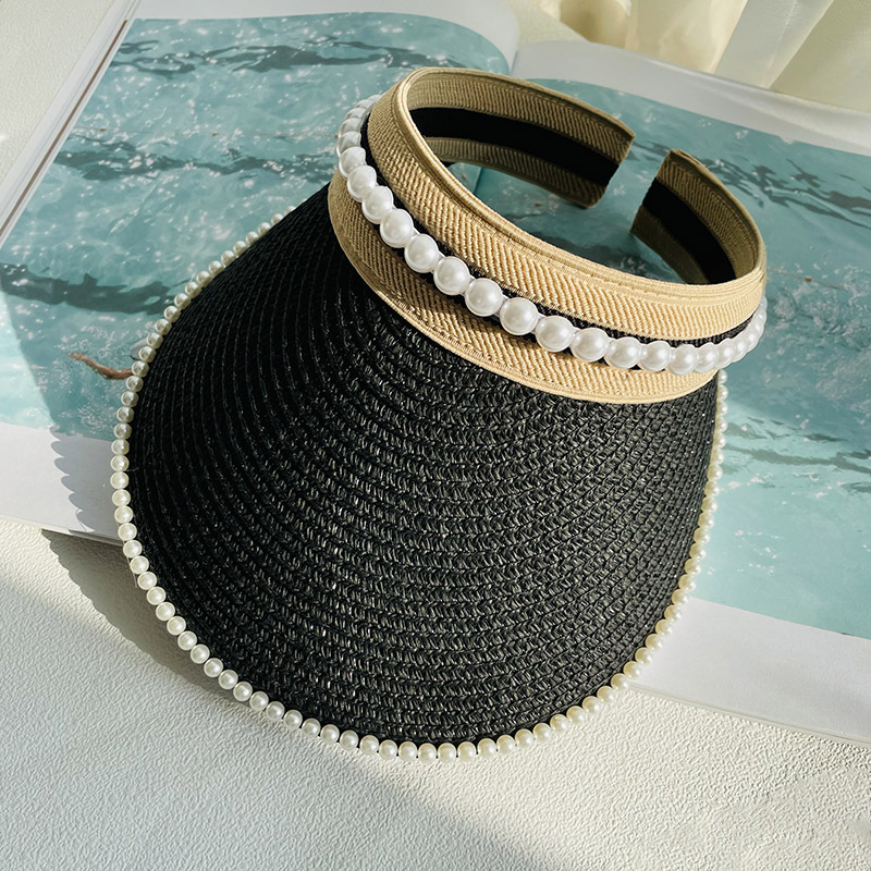 Straw Pearl Sun Hat Headband Visor Straw Hat Women's Summer Uv Protection Face Cover Sun-Proof Sun Hat Women's