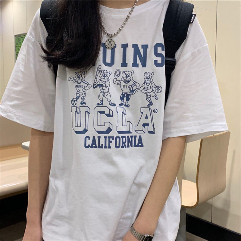 Spring and Summer New Short Sleeve T-shirt Women's Cotton Loose All-Matching Printed Women's T-shirt Inner Casual Students' Half-Length Sleeve Top