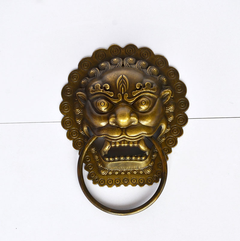仿古大门纯铜配件黄铜拉手兽头门环狮子头俯首铺首兽面大把手门锁
