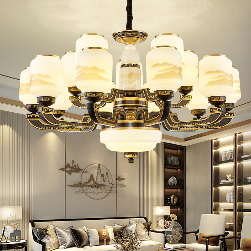 新中式客厅吊灯现代简约大厅灯餐厅吊灯卧室高档别墅灯饰玉石吊灯