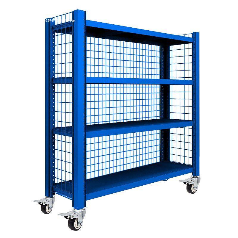 可移动仓储货架带轮子三面带网格多层可推拉调节商用多功能置物架