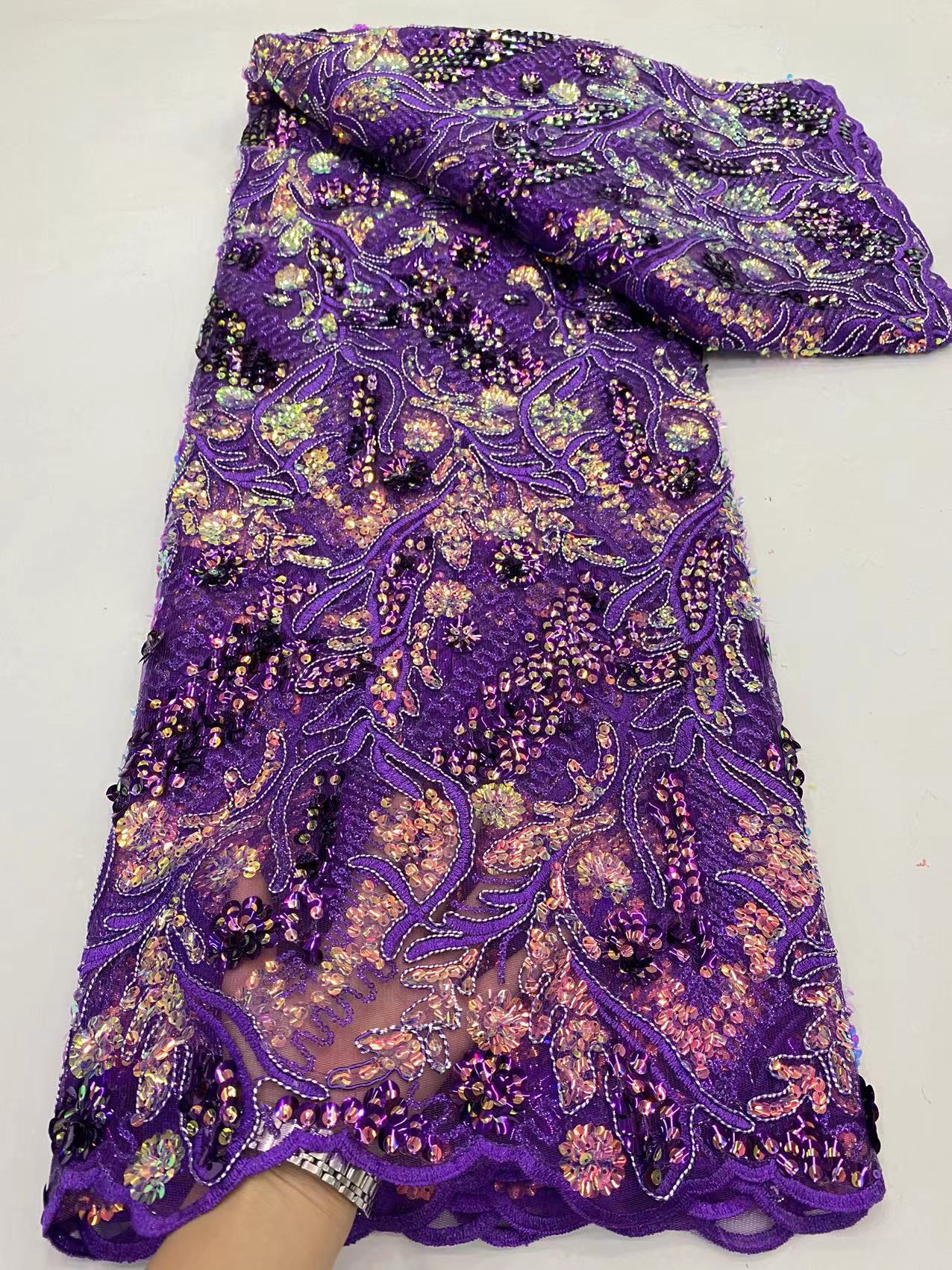 多色绳绣婚纱礼服尼日利亚亮片刺绣网纱蕾丝珠子绣花时装旗袍面料