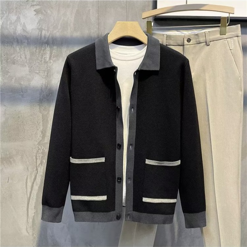 Stitching Contrast Color Knitted Coat Men's Spring and Autumn Lightly Mature Cardigan Sweater Loose Korean Style Ruan Shuai Sweater Generation Hair