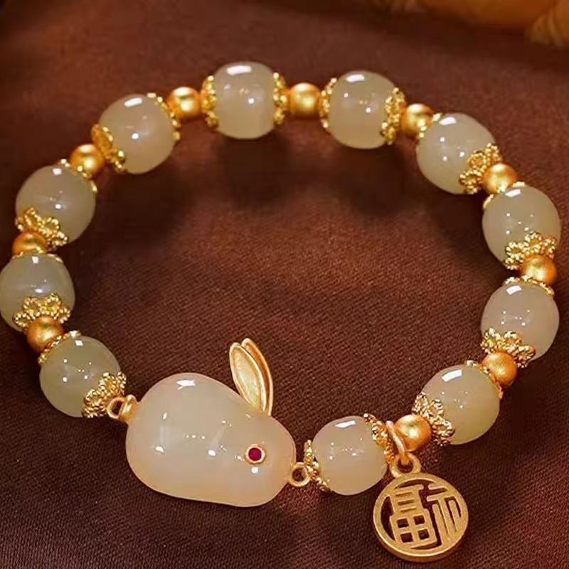 Imitation Hetian Jade Rabbit Blessing Card Bracelet for Women Ins Special-Interest Design Good-looking Students Bracelet Girlfriends Antique Gift