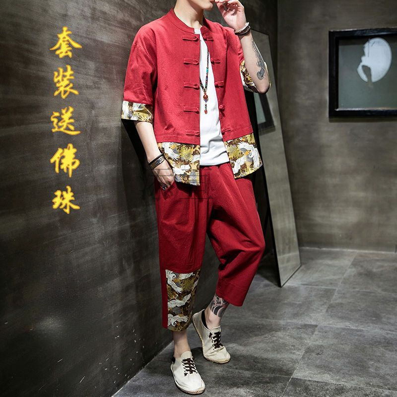 tg中国风男装青年春秋盘扣印花拼接唐装两件套棉麻中式套装汉服潮