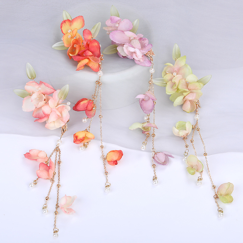 可爱绢花发饰汉服头饰 花朵发夹侧边流苏夹子 古风头花儿童发卡女