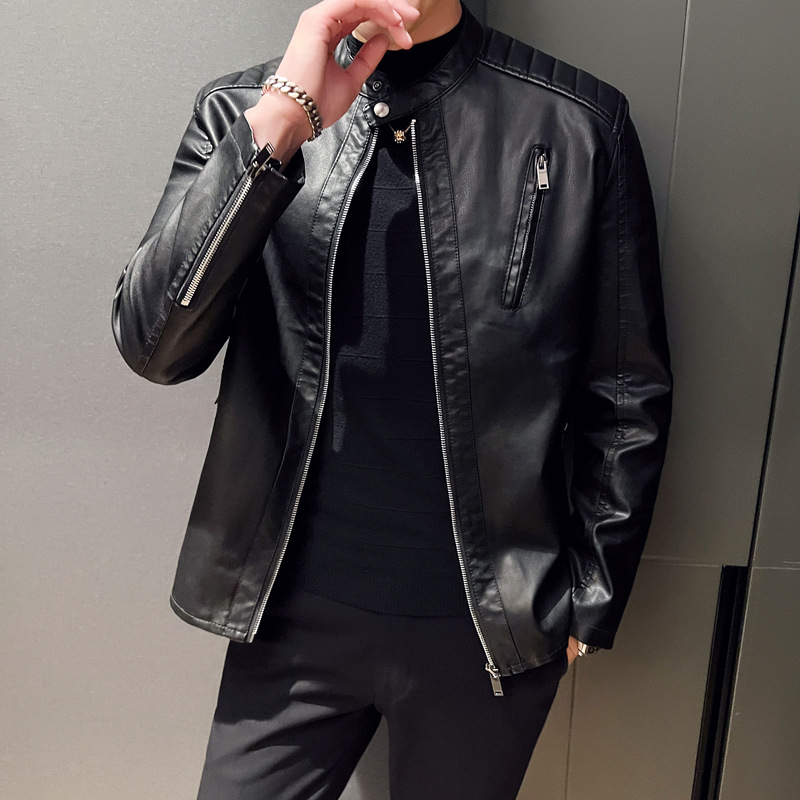 秋冬新品跨境男装pu皮夹克男士潮流修身机车服皮衣立领修身皮衣男