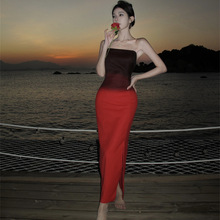 海边度假红色渐变抹胸连衣裙女法式高级感小众长裙敬酒服礼服长裙