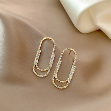 s925银针曲别针镶钻耳钉韩国气质时尚镂空耳坠网红百搭个性耳饰女