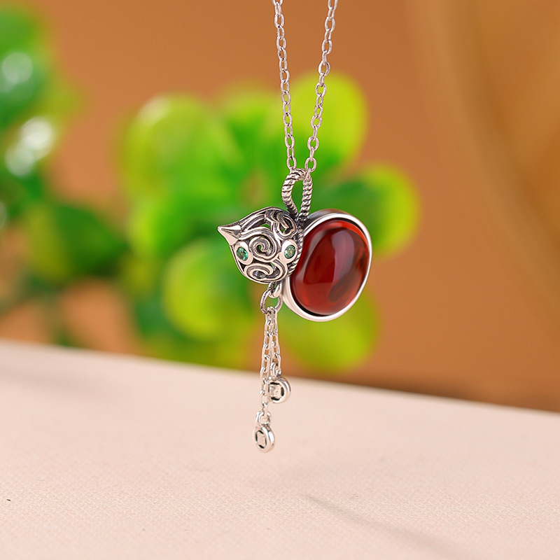 壹鹿银s925纯银血珀复古做旧祥云镂空福禄葫芦流苏吊坠民族风挂坠