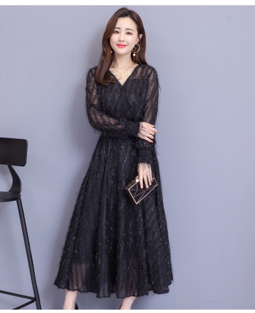 春秋长袖大v连衣裙图片