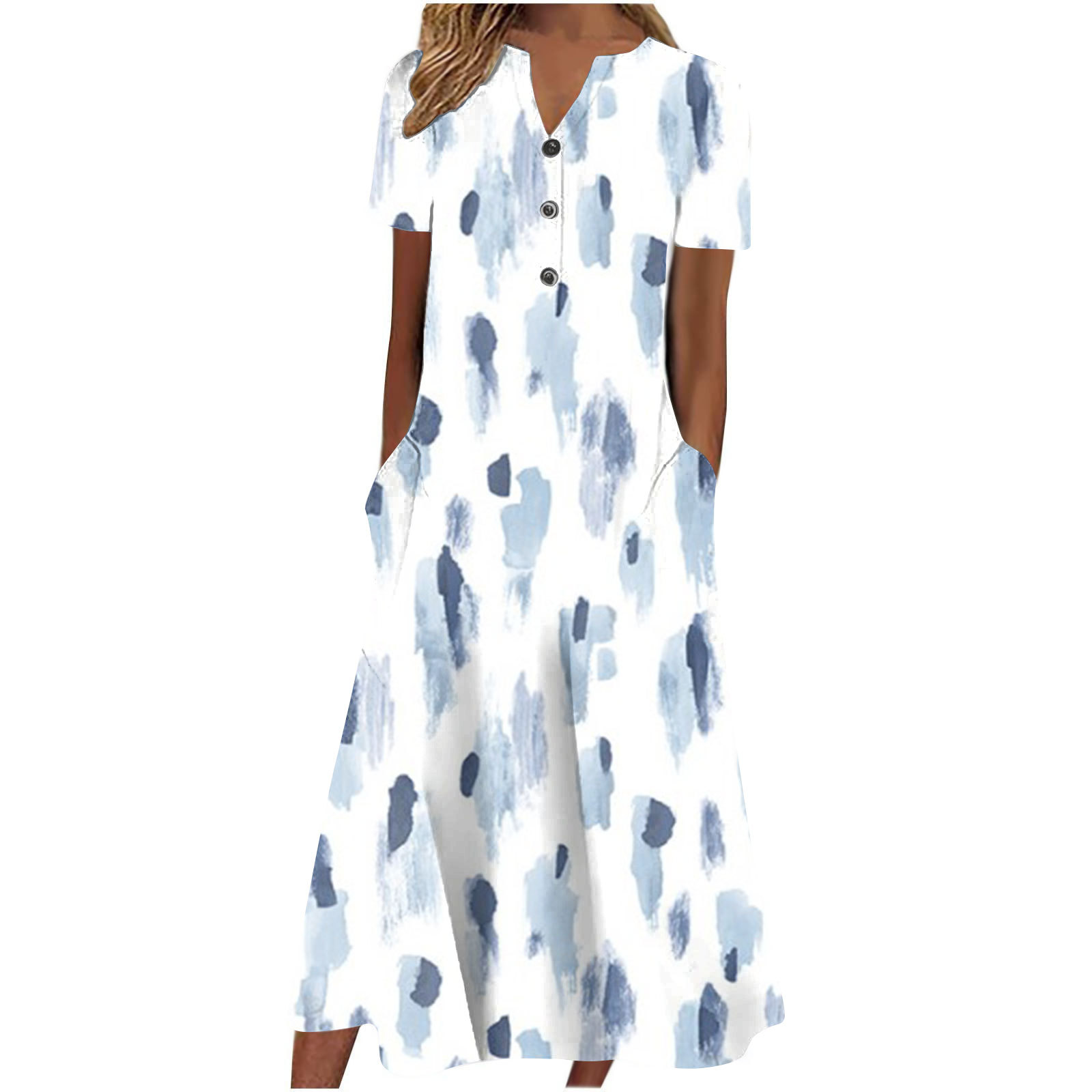 2023 Amazon Europe and America Cross Border Women's Summer New V-neck Button Short Sleeve Loose Big Hem Print Dress