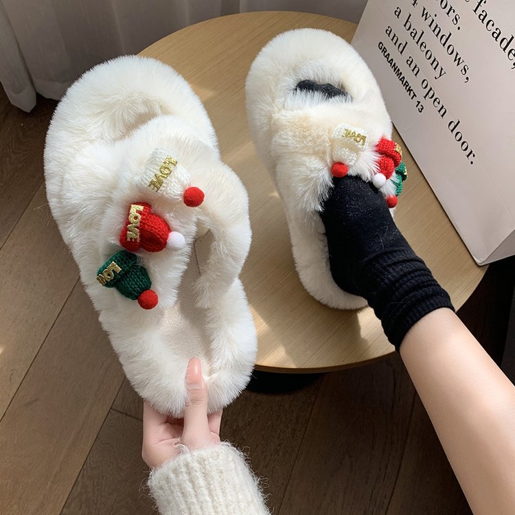 cartoon cute home cotton slippers for women 2022 autumn and winter new christmas hat outer wear comfortable warm cross woolen slippers
