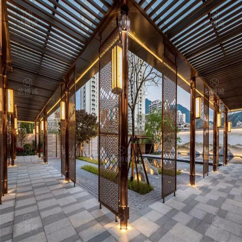 景观园林售楼部长廊走廊 新中式展示区入口不锈钢连廊 钢结构廊架