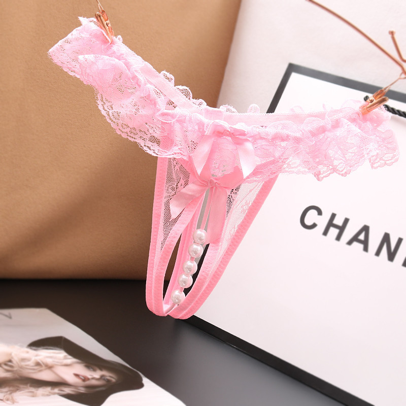 性感低腰蕾丝诱惑透明开裆丁字裤情趣珍珠按摩内裤女免脱火辣t裤