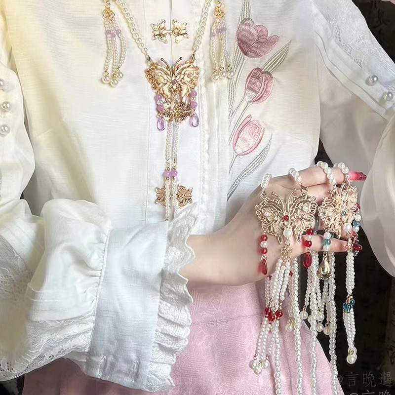 「蓝梦蝶」国风蝴蝶流苏璎珞项链新中式古风马面裙旗袍汉服配饰品