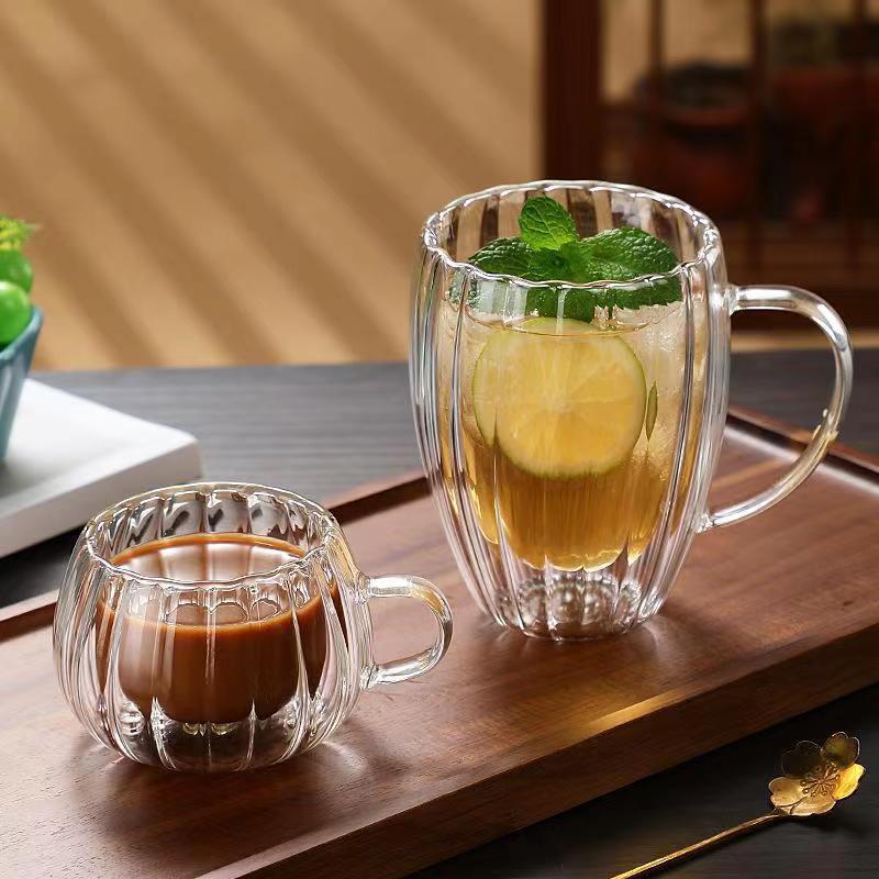 Egg-Shaped Stripes Double Layer Glass Cup Transparent Borosilicate Glass Milk Cup Household Coffee Cup Simple Drinking Cup
