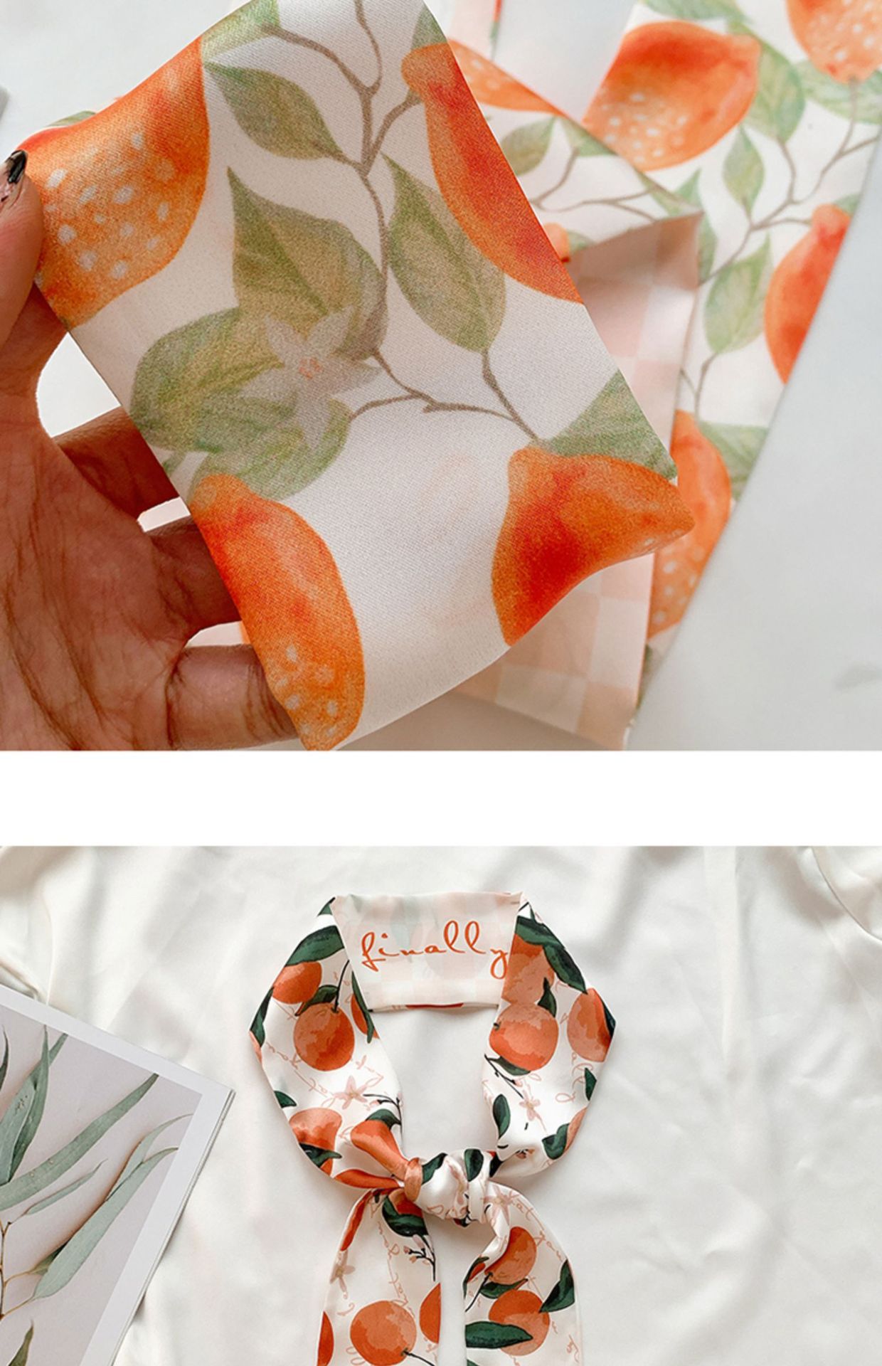 韩版新款网红可爱飘带发带丝巾水果法式复古小方巾印花轻柔装饰女