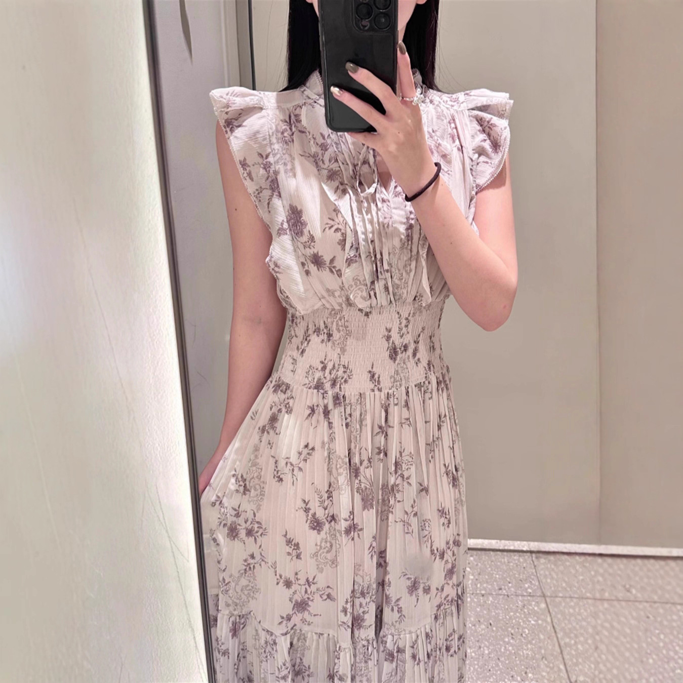 【黛珊】2025春秋新品甜美优雅印花系带双层小飞袖收腰百褶连衣裙