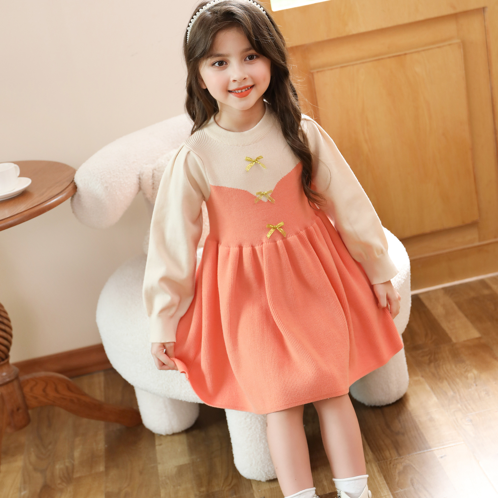 女童毛衣连衣裙2022秋冬新款儿童针织裙裙子新年装拜年宝宝公主裙