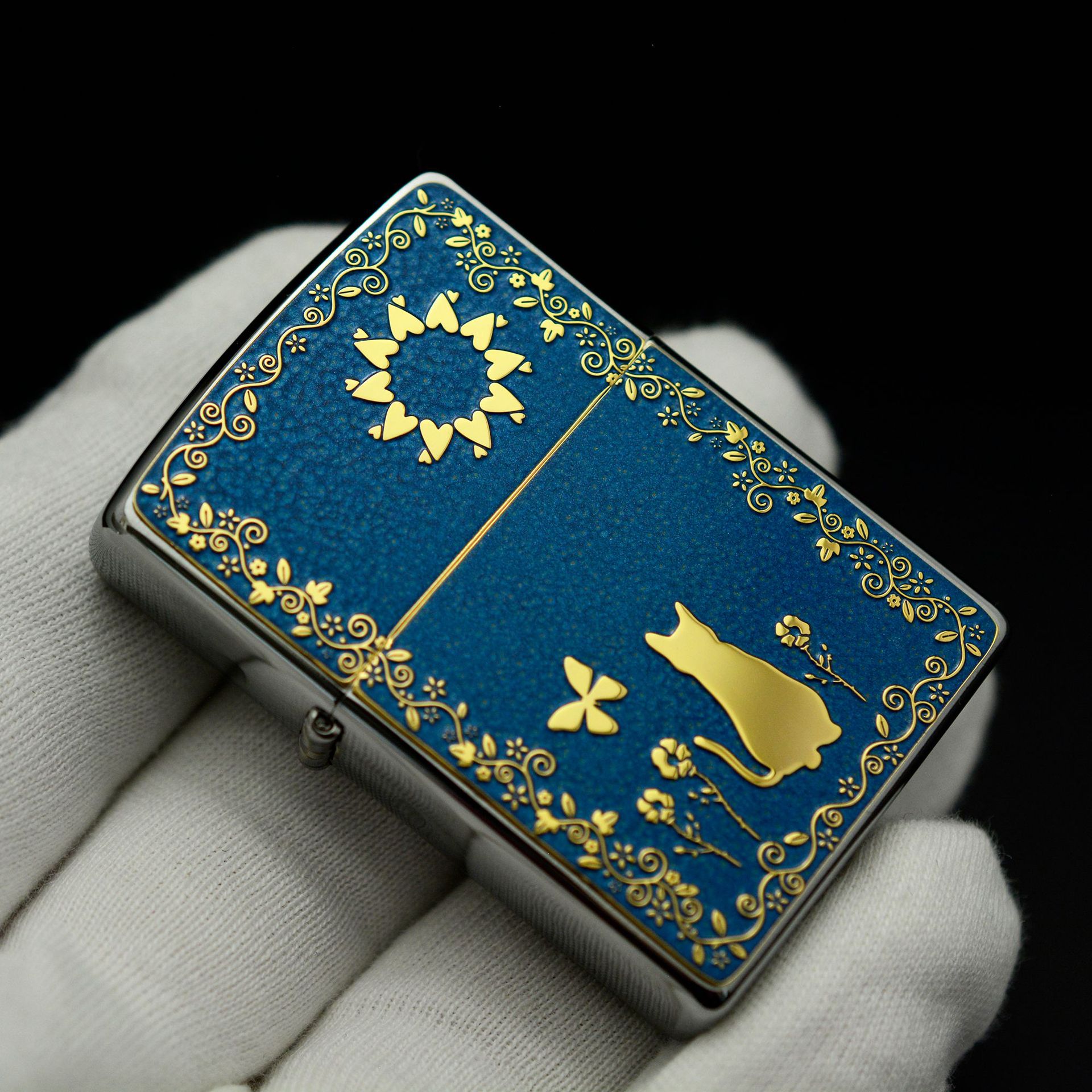 正品zippo 之宝 打火机 日版 金色油漆贴章猫 蓝色