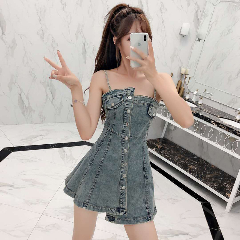 女装202年新款夏季牛仔吊带裙子性感收腰显瘦甜辣妹风超短连衣裙