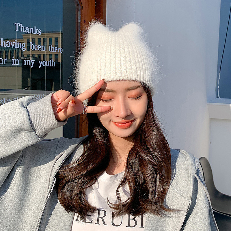 Warm Cat Ears Knitted Hat Rabbit Fur Fashion Travel Cute Hat Ins Confinement Cap Autumn and Winter Hat Female Woolen Cap