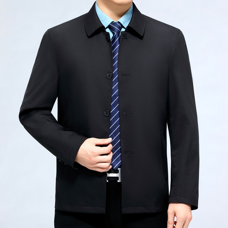 新品中年男士夹克中长款商务翻领厅局干部风衣外套单排扣防风外套