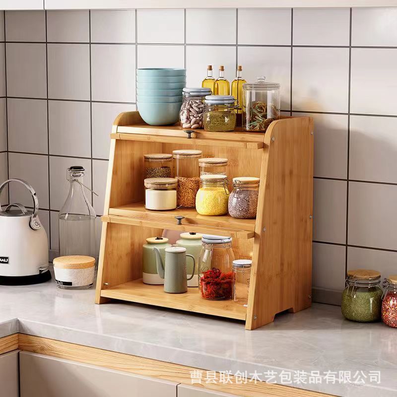 Wooden Kitchen Storage Cabinet Desktop Multi-Layer Snack Fruit Storage Cabinet Tableware Seasoning Product Storage Cabinet with Door Wholesale