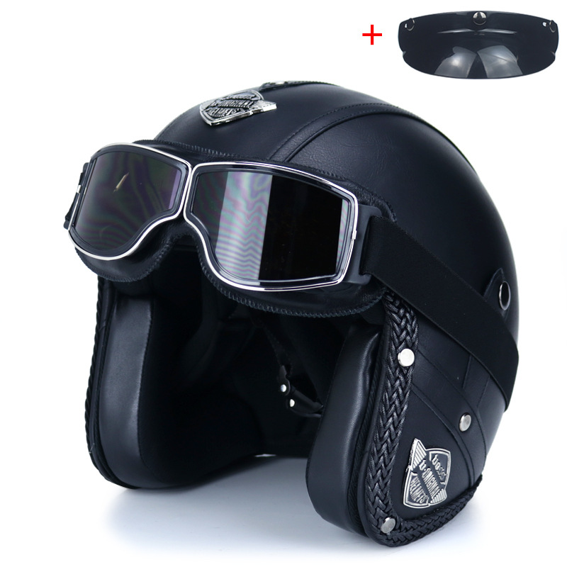 voss哈雷复古头盔男女手工皮革头盔3/4盔半盔四季电动车帽子