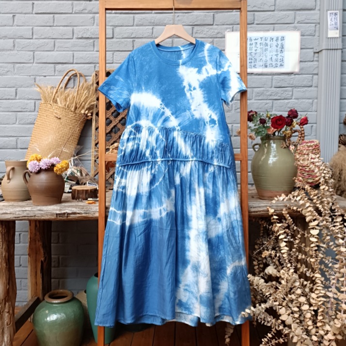 云南大理丽江手工扎染蓝染蓝白染植圆领短袖宽松连衣裙长裙-阿里巴巴