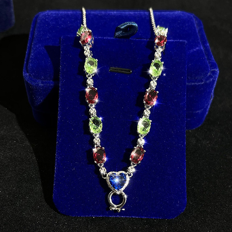 仿真碧玺万能项链皇家蓝红钻百搭翡翠彩宝项链搭配毛衣链吊坠复古
