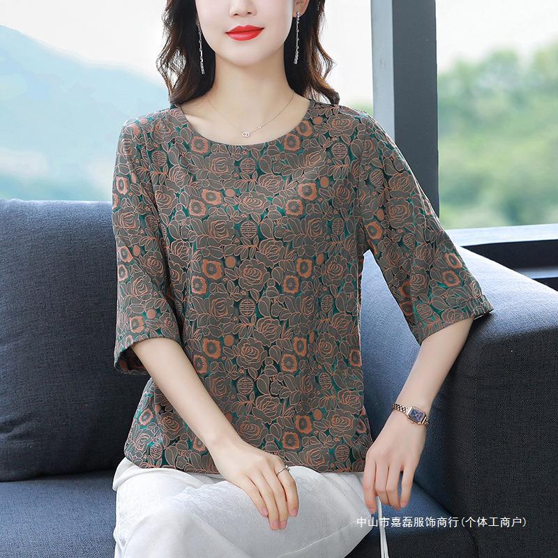 新款真丝上衣夏季宽松中年妈妈装洋气中老年女装t恤小衫桑蚕丝