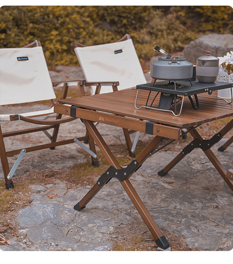 山趣榉木露营折叠桌户外便携实木烧烤桌复古黑胡桃色多功能蛋卷桌