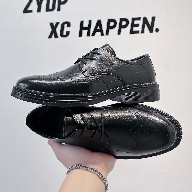 夏季新款男士皮鞋休闲布洛克鞋增高商务正装婚鞋单鞋潮流复古皮鞋