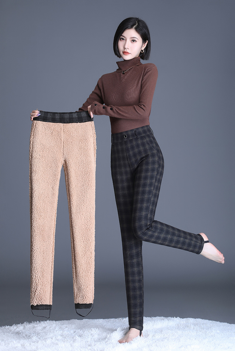 羊糕绒格子裤女外穿2021冬季打底裤加绒高腰加厚小脚裤保暖棉裤子