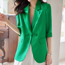 2023年新款春秋季绿色七分袖撞色时尚气质修身职业休闲西装外套女