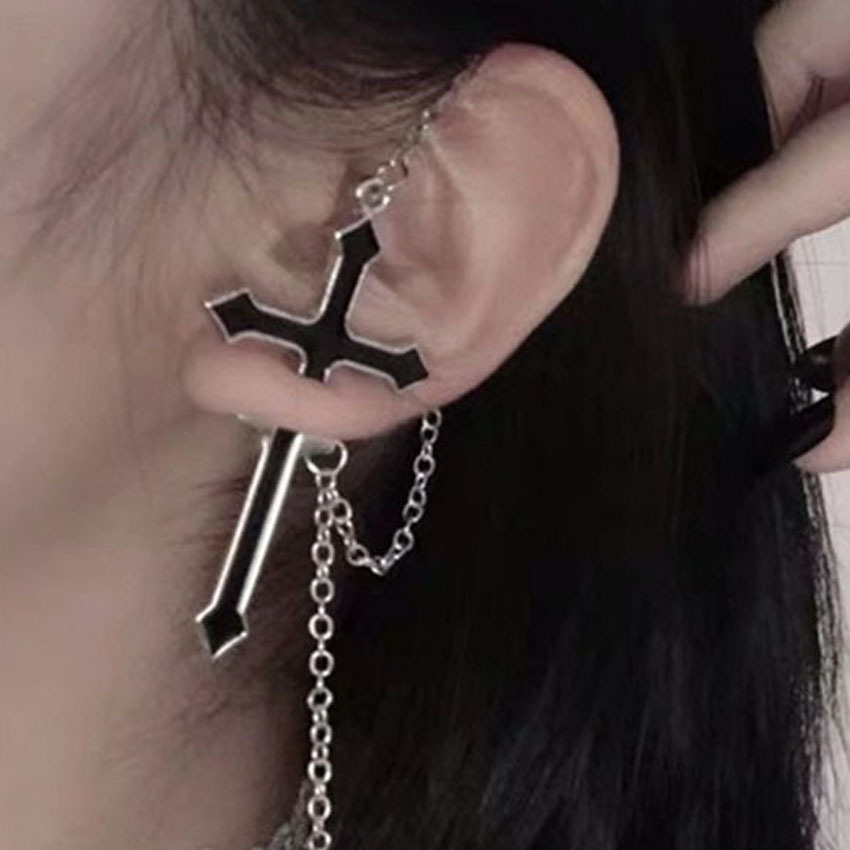 Fashion Personalized Cold Style Hong Kong Style Dripping Oil Cool Handsome Disco Jumping Exaggerated Cross Chain Piercing Ear Stud Ear Bone Earrings